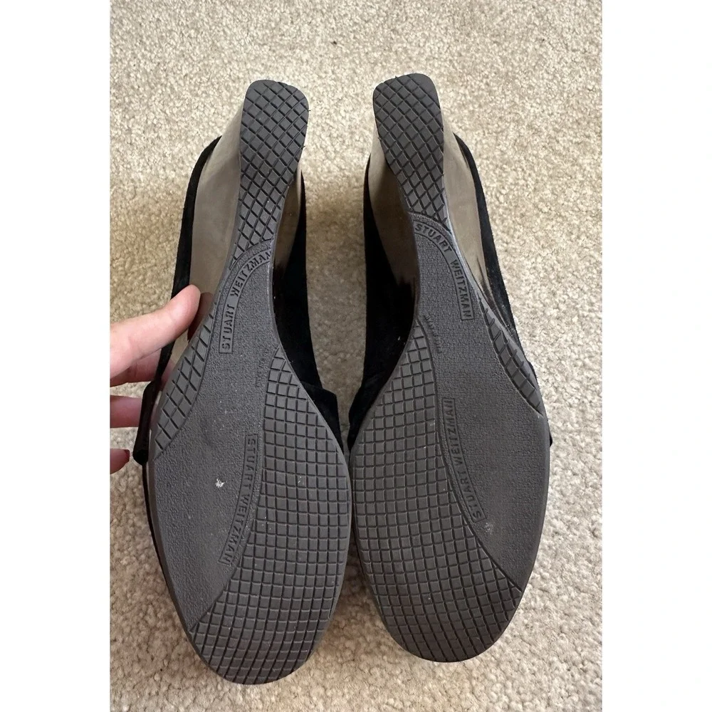 Stuart Weitzman Black Suede Brown‎ Wood Wedge Shoes Size 8 1/2 Silver Studs Read - Picture 8 of 13